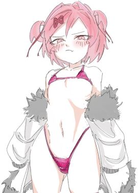1girls bare_shoulders blush blush_lines blushing colored colored_eyes doki_doki_literature_club exspiravitbag female female_focus natsuki_(doki_doki_literature_club) navel pink_eyes pink_hair true_flat_chest