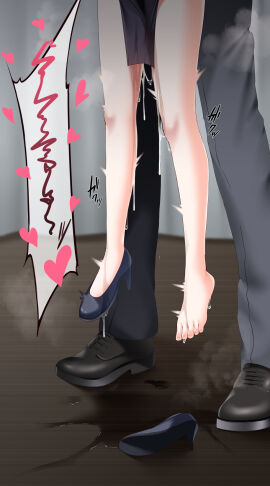 1boy blue_archive carrying carrying_person cum dangling_legs excessive_pussy_juice female hanging_legs heart height_difference highres implied_sex implied_sex_from_between_legs kippuru kisaki_(blue_archive) lifting_person male offscreen_sex out_of_frame pussy pussy_juice sex sex_from_behind shoes single_shoe size_difference standing_sex straight unworn_shoe