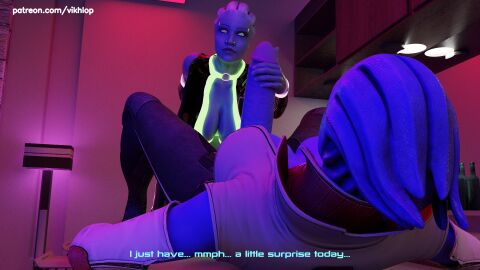 3d alien alien_humanoid aria_t'loak asari_futa balls blender comic comic_page english english_text futanari glowing_piercing huge_balls huge_cock intersex latex_clothing liara_t'soni mass_effect no_nut_november penis piercings tease vikhlop