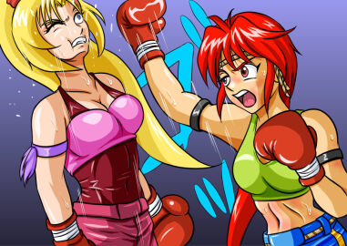 2girls ayane's_high_kick ayane_mitsui belly belly_punch big_breasts blonde_hair boxing_gloves breasts catfight colored doujin doujinshi duo female female_focus female_only fight fist gloves large_boobs large_breasts multiple_females multiple_girls red_boxing_gloves red_eyes red_gloves red_hair ryona sakurako_miyagawa