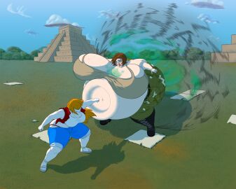 2girls ass belly belt big_belly blush boots breasts brown_hair burp burp_cloud burping camo camo_print camouflage_pants candlebars combat_boots fart fart_cloud farting fat female female_focus female_only fighting green_eyes hips huge_belly hyper_ass hyper_belly hyper_breasts impact_lines impact_onomatopoeia kimberlyn_(wilfordbrimley) large_ass large_breasts mesoamerican_pyramid mexico obese obese_female orange_hair overweight overweight_female punching_stomach pyramid sandals shorts stomach sweat sweatdrop sweating tank_top thick_thighs thighs thong weight_gain wide_hips