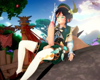 1boy balls big_balls big_penis cum cumshot femboy feminine_male fully_clothed genshin_impact huge_cock hung_trap male male_focus male_only masturbation mihoyo penis prinmei solo stroking_penis thick_penis venti_(genshin_impact)