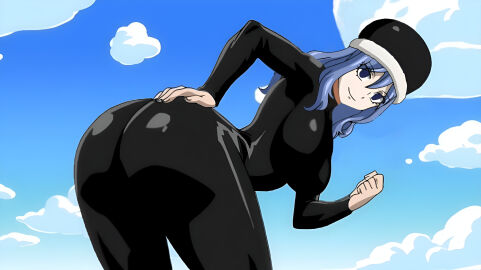 ass bending_over big_ass big_breasts big_butt black_bodysuit blue-haired_female blue_eyes blue_hair breasts busty curvy edit fairy_tail female hat jiggle_butt_gang juvia_lockser latex latex_bodysuit looking_at_viewer skintight smile spandex thick_ass thick_thighs voluptuous wavy_hair