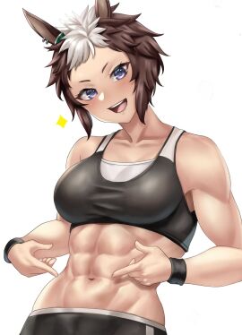1girls abs artist_request athletic_female bare_chest bare_midriff black_clothing blush breasts brown_hair defined_muscles ear_ornament eyebrows female gym_clothes gym_shorts horse_ears horse_girl looking_at_viewer mejiro_ryan_(umamusume) muscular navel pierced_ears piercing pointing pointing_at_self purple_eyes short_eyebrows short_hair shorts smile smiling smiling_at_viewer solo sports_bra sports_shorts sportswear star_(symbol) sweatband tomboy two-tone_hair umamusume umamusume_pretty_derby white_background white_hair white_streak
