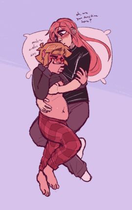 1boy 1girls arm_around_partner aubrey_(omori) barefoot basil_(omori) bed belly_button black_shirt blonde_hair blush chubby chubby_male closed_eyes dominant_female embrace english_text feet female femdom gentle_femdom grey_topwear hand_on_arm hand_on_chest hand_on_mouth hand_on_nipple hand_over_mouth hoodie in_bed laying_down long_hair long_sleeves looking_at_another looking_at_partner lying lying_down lying_on_bed male moaning nipple_play nipples notakakapo omori open_eyes pajama_pants pillow pink_hair plaid rubbing rubbing_nipples sensitive_nipples shirt short_sleeves smile smiling smiling_at_another smiling_at_partner socks straight sweatpants sweats sweatshirt talking_to_another text toxic white_socks