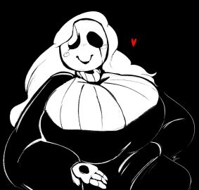 2d 2d_(artwork) black_background breasts breasts_bigger_than_head fem_gaster female freshyvo gaster hair heart huge_breasts long_hair sweater tagme turtleneck turtleneck_sweater undertale undertale_(series) white_hair white_sweater