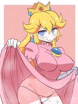 1girls big_breasts blonde_hair blue_eyes blush breasts busty clothes clothes_lift crown dress dress_lift female gloves kurachi_mizuki large_breasts lifted_by_self lifting_own_clothes lifting_skirt long_hair looking_at_viewer mario_(series) naughty_face nintendo panties pink_dress presenting princess princess_peach royalty smile solo solo_female solo_focus sweat under underwear voluptuous white_gloves white_panties white_underwear