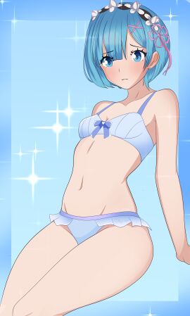 bikini blue_eyes blue_hair breasts female hair hair_ornament hair_ribbon krejzart lingerie lingerie_bra lingerie_only lingerie_panties re:zero_kara_hajimeru_isekai_seikatsu rem_(re:zero) short_hair small_breasts thick_thighs