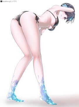ass bent_over blue_eyes braid braided_hair breakthrough_rr breasts dark_hair female female_only ice ice_horns looking_at_viewer looking_back medium_breasts monolith_soft nami_(xenoblade) nimue_(xenoblade) nintendo no_background short_hair swimsuit two_piece_swimsuit xenoblade_(series) xenoblade_chronicles_3