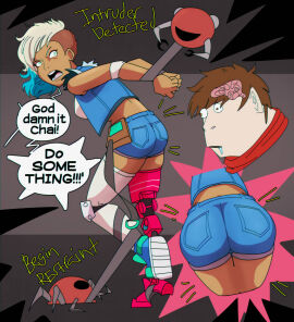 2d 2d_(artwork) arms_behind_back ass ass_focus bondage bound chai_(hi-fi_rush) female female_focus hi-fi_rush human humanoid legs looking_back open_mouth peppermint_(hi-fi_rush) scotchwaifus submissive submissive_female tango_gameworks text thick_thighs thighs tied_up video_game video_game_character video_game_franchise video_games