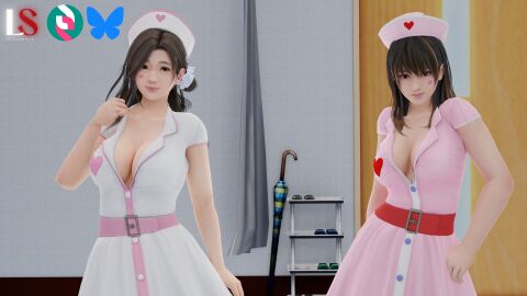 2girls 3d big_breasts black_hair blender_(software) breasts dead_or_alive dead_or_alive_xtreme_venus_vacation female female_focus female_only hospital imminent_sex imminent_threesome japanese japanese_female le_sandman looking_at_viewer mole nanami_(doa) nurse nurse_cap sayuri_(dead_or_alive) tagme xnalara