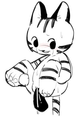 animal_crossing arms_on_legs bodily_fluids disembodied_penis domestic_cat felid feline felis female genitals greyscale lolly_(animal_crossing) looking_down male mammal monochrome nintendo nude open_mouth pawpads penetration penis pussy solo sweat unknown_artist vaginal_penetration