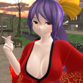 1girls 2024 3d big_breasts breasts cigarette cleavage embelishments female hati_yukkuri_mmd holding_cigarette komakusa_sannyo light-skinned_female light_skin long-haired_female mature_female mmd purple_hair red_jacket solo_female solo_focus sunset topwear touhou unconnected_marketeers village yamajorou yellow_bow youkai