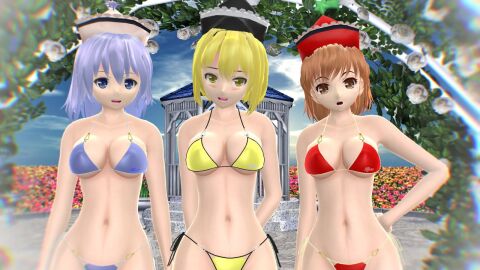 2024 3d 3girls bikini blonde-haired_female blue_eyes blur blush brown-haired_female brown_eyes clouds female flower_field ghost_girl hati_yukkuri_mmd light-skinned_female light_blue_bikini light_blue_eyes light_blue_hair light_skin looking_at_viewer lunasa_prismriver lyrica_prismriver merlin_prismriver mmd outside perfect_cherry_blossom poltergeist red_bikini siblings sisters_(lore) sky swimsuit touhou trio_focus white_hair white_hat yellow_bikini yellow_eyes