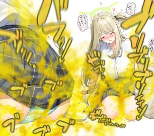1boy 1girls ass blonde_hair blue_archive blush blushing_female breast_rest breasts butt closed_eyes fart fart_cloud fart_fetish gassy gassy_female green_eyes green_panties halo head_on_lap hi_res huge_fart hyper_fart hyper_farting indian_style large_breasts legs long_hair lying_on_person male/female multiple_views nonomi_(blue_archive) open_mouth panties sensei_(blue_archive) side_ponytail sitting skirt stink_fumes stinky stinky_fart thighs translation_request trembling white_shirt