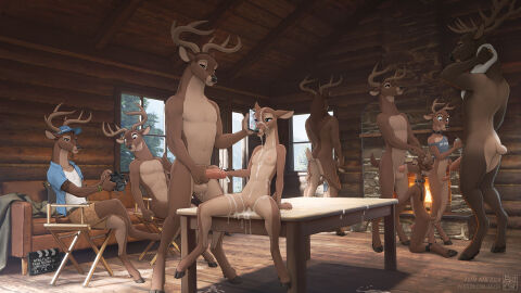 3d adam_wan after_sex anthro cabin cartoony cum_over_body deer dripping_cum femboy fully_clothed furry gay hand_behind_neck highres humanoid_penis indoors looking_down lotion male ntr on_table partially_clothed penis size_difference speaking windows young zaush