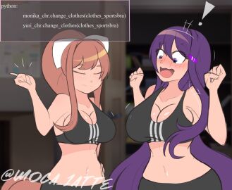 ! 2girls artist_name big_breasts breasts cleavage closed_eyes doki_doki_literature_club eyes_closed female long_hair medium_support_(meme) moca_1atte monika_(doki_doki_literature_club) navel purple_eyes purple_hair sports_bra sports_bra_difference_meme twitter_username yuri_(doki_doki_literature_club)