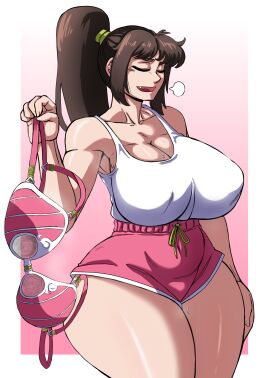 1girls big_breasts bra bra_removed breasts brown_hair busty charge_sol cleavage clothing discarded_clothing eyes_closed fatal_fury female female_only huge_breasts king_of_fighters large_breasts mai_shiranui mai_shiranui_(casual) pink_shorts png removing_bra shirt shorts sigh solo street_fighter thick_thighs wide_hips