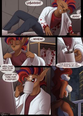 absurd_res after_transformation anthro ass bodily_fluids breasts canid canine clothing coat comic conrie drinking english_text female fox hi_res human labcoat mammal post-transformation text topwear transformation