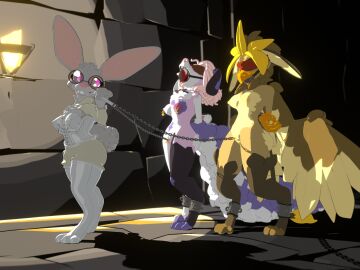 3d_(artwork) ankle_cuffs anthro armcuffs arms_behind_back arms_tied avian ball_gag beak blindfold bondage bound breasts brown_body canid canine canis clitoris clitoris_leash clitoris_piercing cuffs digital_media_(artwork) dog_walking domestic_dog fay_(yvem) female femdom femsub floppy_ears fluffy fluffy_tail fur gag genital_piercing genitals grey_body grey_fur group gryphon hair hi_res lagomorph leash leash_pull leonora_(yvem) leporid lisa_(yvem) mammal markings multiple_females multiple_girls multiple_subs mythological_avian mythological_creature mythology neck_tuft nipple_piercing nipples nude open_mouth_gag piercing pink_hair pussy rabbit ring_gag ring_piercing spots spotted_body spotted_fur stone_floor stone_wall tail trio tuft underground wall_(structure) white_body white_fur wings wrist_cuffs yuri yvem