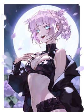 black_nails blue_eyes breasts call_of_the_night cherry_blossoms colorful_background fangs fangs_out female foolish_potato light-skinned_female light_skin midriff moonlight nanakusa_nazuna short_hair shorts small_breasts solo solo_female sweater vampire white_hair yofukashi_no_uta