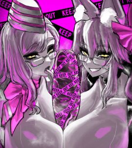 1boy 2girls animal_ear_fluff animal_ears bodysuit breasts caution_tape clone collaborative_fellatio collaborative_paizuri collarbone commentary_request erection fate/grand_order fate_(series) fellatio female fox_ears fox_girl garrison_cap glasses grin hair_between_eyes hat highres keep_out koyanskaya_(assassin) koyanskaya_(fate) koyanskaya_(foreigner) large_breasts licking licking_penis lipstick_mark lipstick_mark_on_penis looking_at_viewer maabo_harusame male multiple_females multiple_girls open_bodysuit open_clothes open_mouth oral penis pink_hair pink_lips saliva saliva_trail sidelocks smile steaming_body straight tamamo_(fate) tape teeth tongue tongue_out yellow_eyes