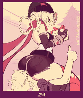 1boy 1girls aether_(genshin_impact) ass bojerryart booty_shorts facesitting female genshin_impact hoyoverse jahoda_(genshin_impact) male mihoyo short_shorts shorts thumbs_up