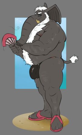 anthro beach beard belly body_hair bulge chest_hair clothing detailed_bulge elderly_male elephant elephantid ernie_(thefutureiseuro) eyewear facial_hair folding_fan full-length_portrait genital_outline hair hairy hand_fan happy_trail hi_res joojoo male mammal mature_male overweight overweight_male penis penis_outline portrait proboscidean side_view solo speedo standing sunglasses swimwear tail white_beard white_facial_hair white_hair