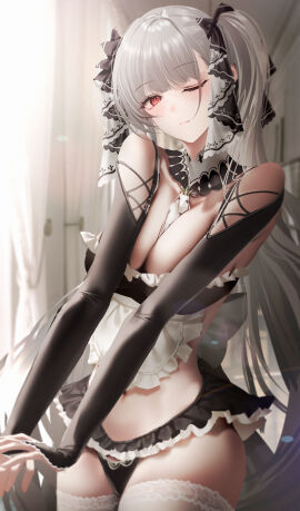 absurdres apron azur_lane bare_shoulders between_breasts black_dress black_panties blurry breasts bridal_gauntlets cleavage closed_mouth clothing_cutout collarbone commentary criss-cross_strings curtains depth_of_field dress english_commentary female formidable_(azur_lane) frilled_dress frills grey_hair hair_ribbon head_tilt highres indoors junpaku_karen large_breasts long_hair looking_at_viewer navel_cutout necktie necktie_between_breasts one_eye_closed own_hands_together panties red_eyes ribbon solo standing stretching thighhighs thighs twintails underwear very_long_hair white_apron white_thighhighs