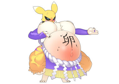 absurd_res anthro bandai_namco big_breasts blush bodily_fluids body_writing breasts canid canine digimon digimon_(species) female fox furry furry_only hi_res huge_breasts hyper hyper_pregnancy ink pasties pr-egg-nant pregnant pregnant_female renamon solo sumo sumo_wrestler sweat text translated