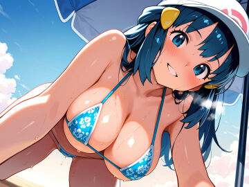 1girls ai_generated baseball_cap beach blue_eyes blue_hair blush breasts creatures_(company) dawn_(pokemon) female_focus game_freak looking_at_viewer micro_bikini nintendo parasol pokemon_(anime) wet
