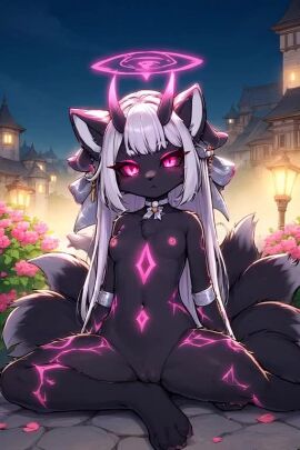 ai_generated animated anthro black_body black_sclera bow_ribbon breasts canine choker crossed_arms demon eyeshadow female fox furry glowing_eyes glowing_markings halo horns long_hair markings nipples nude_female pink_eyes pussy sitting slit_pupils spread_legs tagme unamused video white_hair