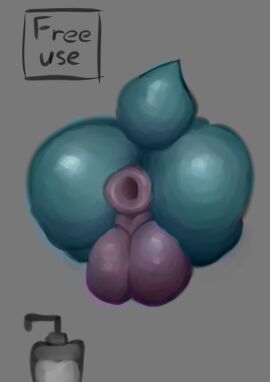 2024 anthro anus backsack balls ballsack big_balls digital_media_(artwork) free_use gaping gaping_anus gay_male genitals hi_res hole_in_wall lube_bottle male puffy_anus shaded solo teal_body text unknown_species wholle