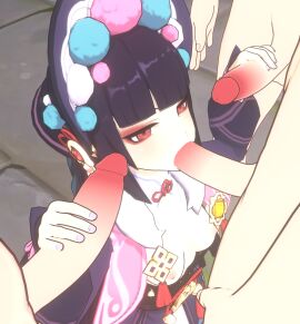 1girls 3boys 3d blowjob breasts double_handjob fellatio female foursome gangbang genshin_impact handjob male masturbating_during_fellatio masturbating_other mmmf_foursome multiple_boys multiple_males multiple_penises penis petite purple_hair red_eyes small_breasts white_skin yun_jin_(genshin_impact)