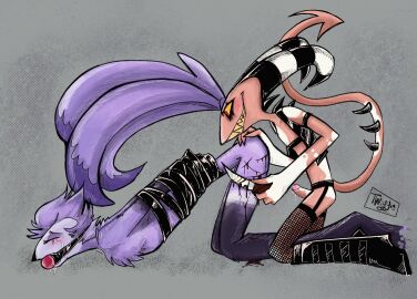 2023 2boys 2d ball_gag bleeding blitzo_(helluva_boss) bondage color cuts erect_penis erection fishnets gay genital_fluids genitals helluva_boss horns imp kink knife knife_play male owl owl_demon penis precum sex_toy smiling stolas_(helluva_boss) tears teeth tied_up twiggietime vivienne_medrano watermark