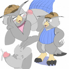 anthro avian balls beak belly bird bodily_fluids bottomless clothed clothing cum erection eyewear feathers feet genital_fluids genitals glasses grey_body grey_feathers hat headgear headwear hi_res male orgasm owl penis shirt slightly_chubby solo talons tank_top toes topwear twerpishimp