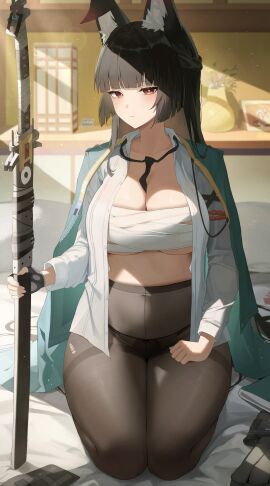 absurdres animal_ear_fluff animal_ears aqua_jacket black_gloves black_panties black_pantyhose breasts chest_sarashi commentary_request covered_navel duplicate female fingerless_gloves fox_ears fox_girl gloves highres holding holding_sword holding_weapon hoshimi_miyabi indoors jacket katana korean_commentary large_breasts long_hair open_mouth panties panties_under_pantyhose pantyhose portrait red_eyes sarashi seiza shirt single_glove sitting solo sword underwear unnunal_(unneonal) weapon white_shirt zenless_zone_zero