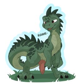 1:1 3_toes absurd_res alpha_channel animal_genitalia biped digital_media_(artwork) dinosaur english_text feet feral genitals green_body green_scales hi_res knot knotted_penis male open_mouth penis prehistoric_species reptile scales scalie simple_background smile solo tail teeth text theropod toes whyvern