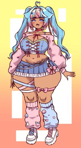 1girls ahoge bangs big_breasts blue_eyes blue_hair blush breasts corset dark-skinned_male dark_skin female female_only full_body gyaru heart_ahoge hi_res jojoniumart leg_warmers legband long_hair looking_at_viewer male minari_(jojoniumart) miniskirt navel_piercing oerba_yun_fang open_mouth pink_hair ribbon ribbons smile smiling_at_viewer solo thick_thighs twintails two-tone_hair wide_hips