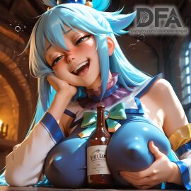 :d ai_art ai_assisted ai_generated alcohol aqua_(konosuba) artist_logo artist_name bangs bare_shoulders between_breasts blue_eyes blue_hair blue_shirt blurry_background blush bottle bow bowtie breast_rest breasts candle choker clothing covered_nipples darkfallenangel depth_of_field detached_sleeves drunk female fire grabbing_own_breast green_bow green_bowtie hair_between_eyes hair_ornament hair_rings half-closed_eyes hand_on_own_cheek hand_on_own_face head_rest indoors kono_subarashii_sekai_ni_shukufuku_wo! large_breasts long_hair looking_at_viewer naughty_face nose open_mouth patreon_logo patreon_username shirt single_hair_ring sleeveless smile smug solo squeans table teeth upper_body upper_teeth_only web_address window wine_bottle