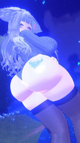 animal_ear_fluff ass ass_focus bass_vr looking_at_viewer looking_back stockings sweater tattoo_on_butt