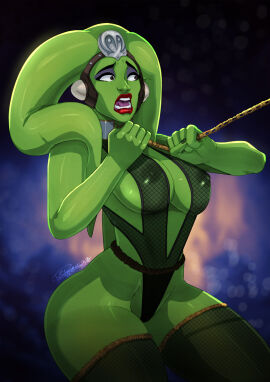 1girls breasts brown_eyes dancer dancer_outfit eyeshadow female fishnets green_skin harem_girl harem_outfit headwear large_breasts leash nipples_visible_through_clothing oola scared slave slave_collar slave_girl slave_outfit star_wars thick_thighs thighhighs tovio_rogers twi'lek voluptuous