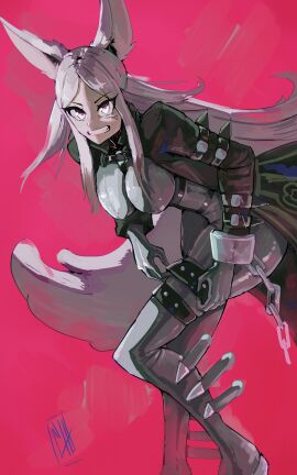 1girls animal_ears belt bodysuit boots breasts bunny_ears dark_skin dya_rikku_(vtuber) face_markings female fox_ears gloves grin high_heels holding long_hair looking_at_viewer medium_breasts pink_background red_background signature skin_tight smile solo tail teeth virtual_youtuber vyugen white_hair