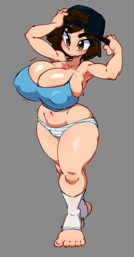 armpits backwards_hat breasts brown_eyes bursting_breasts cameltoe camisole female hands_on_hips huge_breasts jellot kazama_asuka medium_hair midriff namco navel nipple_bulge panties pussy stirrup_legwear striped_panties suxowell tekken thick_thighs wide_hips
