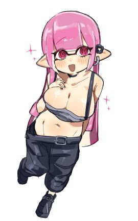 1girls @_@ bangs belt black_pants blunt_bangs blush breasts cleavage female inkling inkling_girl kabikabocha large_breasts long_hair marie_(splatoon)_(cosplay) nintendo open_mouth overalls pants pink_eyes pink_hair pointy_ears simple_background solo solo_female solo_focus splatfest splatoon splatoon_(series) splatoon_3 summer_nights_splatfest suspenders tentacle_hair tentaclinger_earring white_background