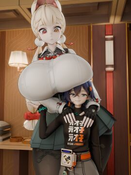 3d alice_thymefield belle_(zenless_zone_zero) breasts breasts_on_head decodec female huge_breasts surprised tagme taller_female zenless_zone_zero