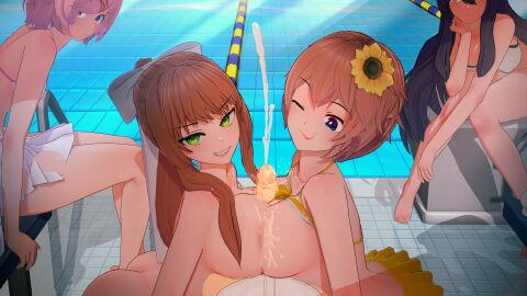 1boy 3d 4girls :p being_watched bikini boobjob bottomless breasts brown_hair collaborative_paizuri cum doki_doki_literature_club double_paizuri ejaculation female flower_in_hair green_eyes happy_sex highres koikatsu light-skinned_female light-skinned_male light_skin looking_at_viewer male male_pov mashirosolera monika_(doki_doki_literature_club) multiple_females multiple_girls natsuki_(doki_doki_literature_club) one_eye_closed one_piece_swimsuit paizuri penis pink_hair pool poolside pov pov_eye_contact sayori_(doki_doki_literature_club) short_hair straight swimsuit swimwear teamwork titjob tongue tongue_out voyeur voyeurism yuri_(doki_doki_literature_club)
