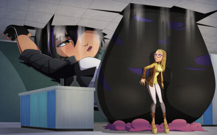 2019 2girls asian asian_female big_hero_6 black_hair body_growth body_growth_(enlargement) clothed clothed_female disney female female_focus female_only giantess glasses gogo_tomago growing growth heels honey_lemon larger_female light-skinned_female light_skin marvel marvel_comics ravenravenraven smaller_female