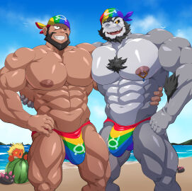 5:4 abs absurd_res anthro archie_(pokemon) arm_hair arm_tuft bandana beach beard big_muscles big_nipples big_pecs body_hair brown_hair bulge canon_x_oc chest_hair chest_tuft clothed clothing demon dragon draycos duo facial_hair flaccid gay generation_7_pokemon hair hi_res holding_partner huge_muscles huge_pecs human human_on_anthro interspecies jewelry kerchief lgbt_pride lying maldu male male/male male_only mammal mostly_nude multicolored_clothing muscles muscular muscular_anthro muscular_human muscular_male mythological_creature mythological_scalie mythology necklace nintendo nipple_piercing nipple_ring nipples pecs pecs_touching penis piercing pokemon pokemon_(species) pride_color_clothing pride_colors pyukumuku rainbow_clothing rainbow_pride_colors ring_piercing sand scalie seaside sex speedo speedo_only swimwear team_aqua topless topless_male tuft water