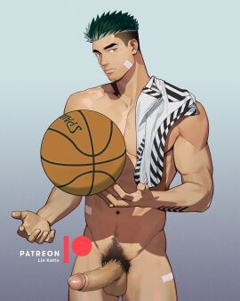 1boy absurdres ball_(object) balls bandaid bandaid_on_cheek bandaid_on_face bandaid_on_stomach bandaid_on_thigh bara basketball_(object) black_hair closed_mouth cowboy_shot erection eyebrow_piercing facial_hair goatee_stubble gradient_background grey_background highres holding holding_ball katto8452 large_pectorals looking_to_the_side male male_focus male_only male_pubic_hair muscular muscular_male navel nude original patreon_logo patreon_username pectorals penis piercing pubic_hair short_hair solo spiked_hair standing stubble testicles uncensored undercut yaoi
